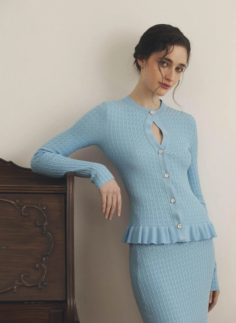 Fitted textured-knit cardigan with ruffles