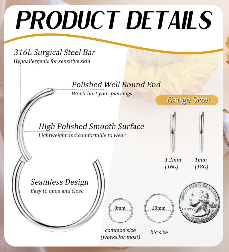 Staligue 3pcs Nose Rings Hoops - 316L Surgical Steel Hinged Nose Hoops 16G/18G/20G CZ Clicker Septum Nose Ring Lip Helix Cartilage Hoop Earring Daith Rook Conch Body Piercing Jewelry for Women Men 8mm 10mm (Silver, 18 gauge(1.0mm)-8mm) - Image 2