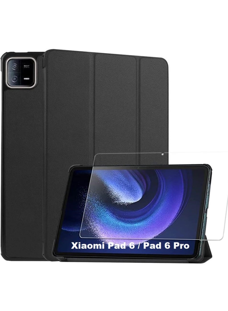 Xiaomi Pad 6 Pro/Pad 6 11inch Case Cover with Tempered Glass Screen Protector Tri-Fold Smart Tablet Slim Case Multi- Viewing Angles Stand Folio Case Cover with Auto Wake for Mi pad 6 / Pad 6 Pro - Image 1