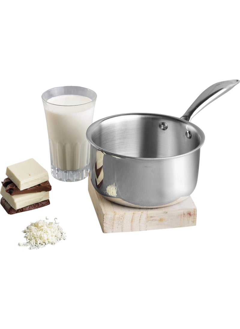 VINOD - Vinod Platinum Triply Stainless Steel Milkpan 12 Litre 14 cm Easy Pour Spout TeaMilkChai Pan Rivetted Sturdy Handle Induction Gas Base 5 Year Warranty - Image 1