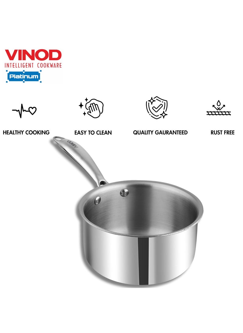 VINOD - Vinod Platinum Triply Stainless Steel Milkpan 12 Litre 14 cm Easy Pour Spout TeaMilkChai Pan Rivetted Sturdy Handle Induction Gas Base 5 Year Warranty - Image 1