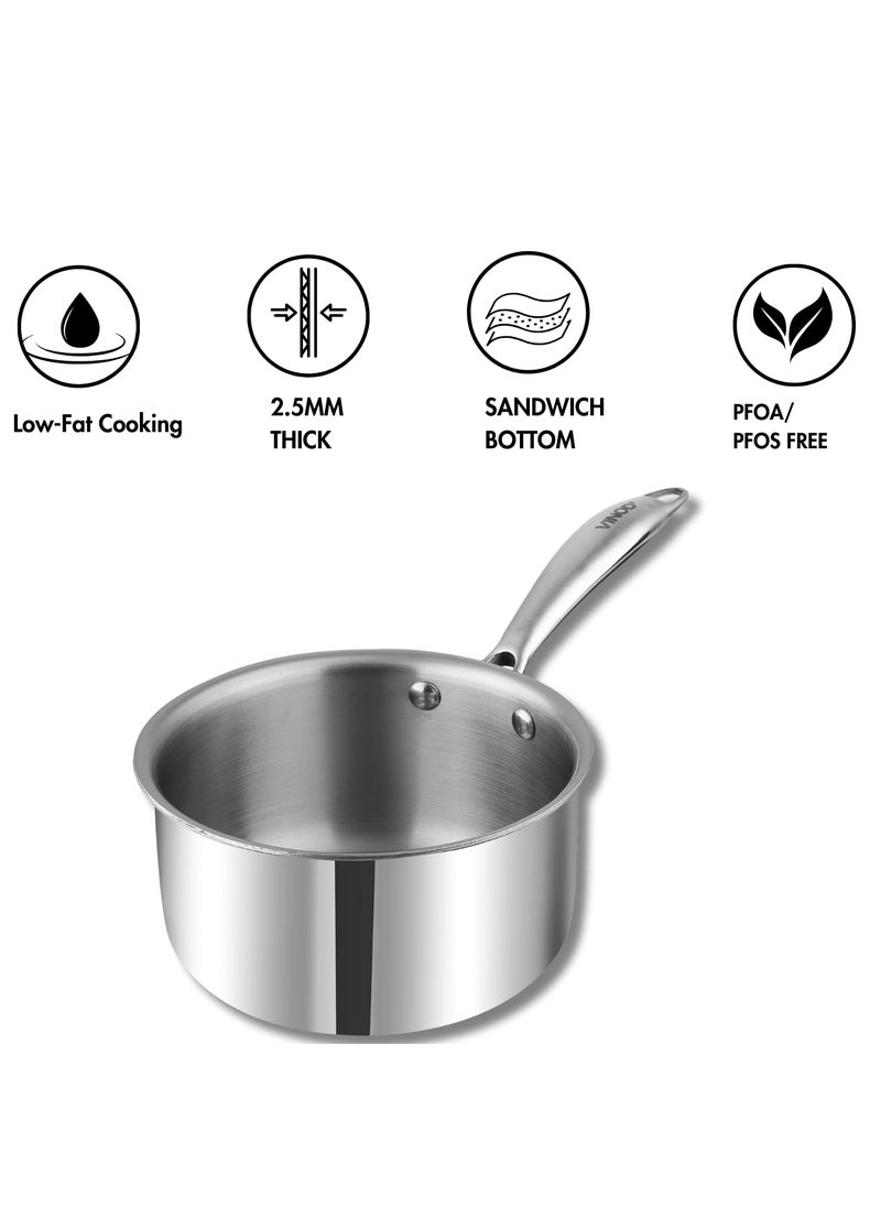 VINOD - Vinod Platinum Triply Stainless Steel Milkpan 12 Litre 14 cm Easy Pour Spout TeaMilkChai Pan Rivetted Sturdy Handle Induction Gas Base 5 Year Warranty - Image 1
