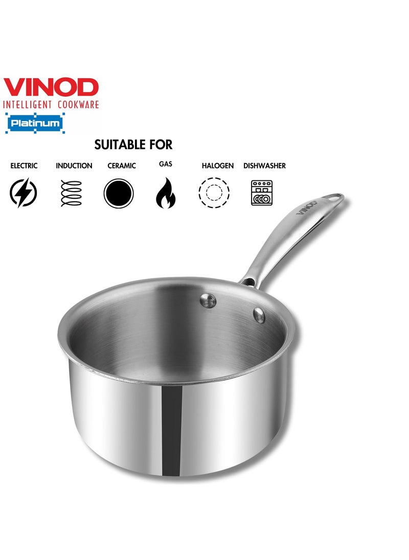 VINOD - Vinod Platinum Triply Stainless Steel Milkpan 12 Litre 14 cm Easy Pour Spout TeaMilkChai Pan Rivetted Sturdy Handle Induction Gas Base 5 Year Warranty - Image 1