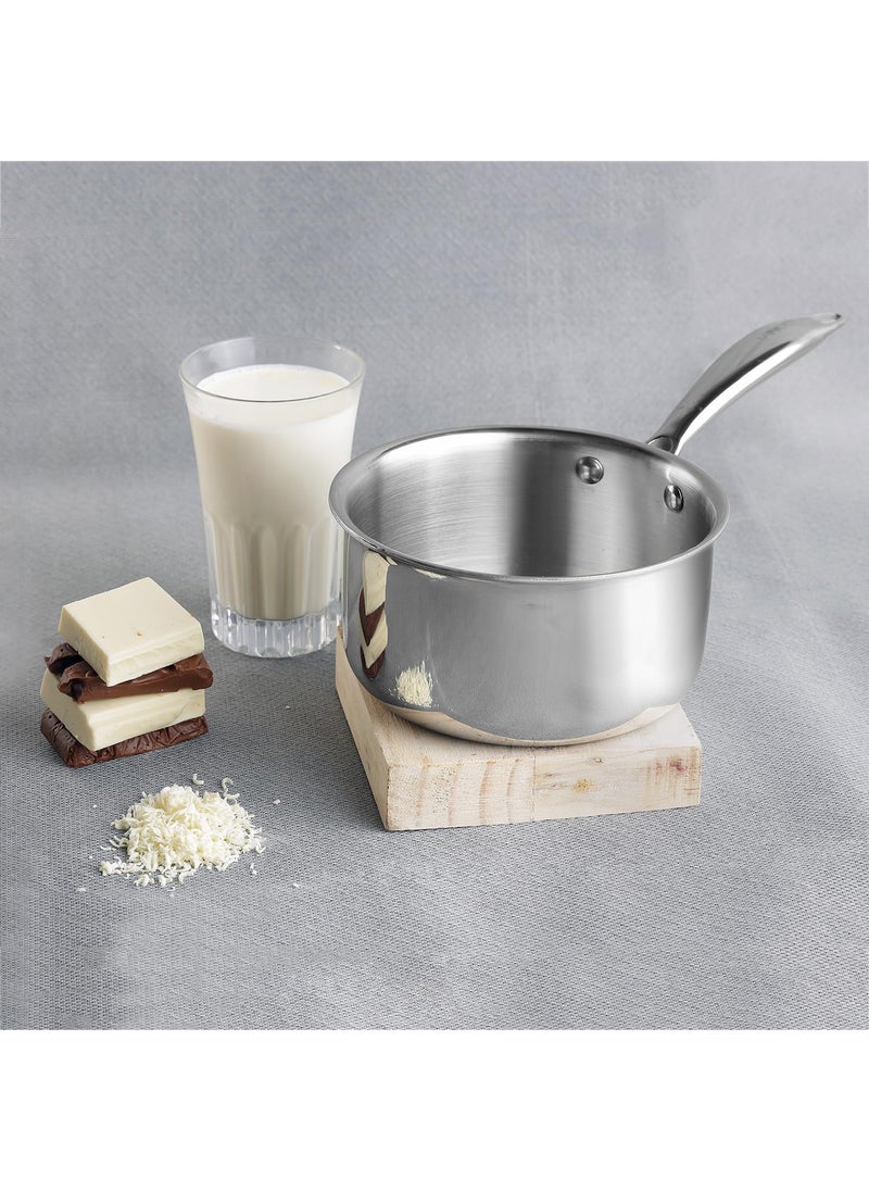 VINOD - Vinod Platinum Triply Stainless Steel Milkpan 12 Litre 14 cm Easy Pour Spout TeaMilkChai Pan Rivetted Sturdy Handle Induction Gas Base 5 Year Warranty - Image 1