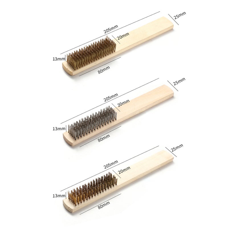 Wire Brush Set: 3 Different Material Brushes - Durable Lightweight Poplar Handle, Non-Slip Grip, No Shed Bristles for Removing Rust Paint Corrosion, Cleaning Threads Grills Tile Surfaces - Image 4