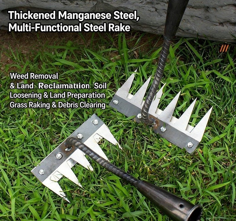 8-Teeth Manganese Steel Garden Rake, Multifunctional Weeding & Soil Loosening Tool for Planting and Farming - Image 1