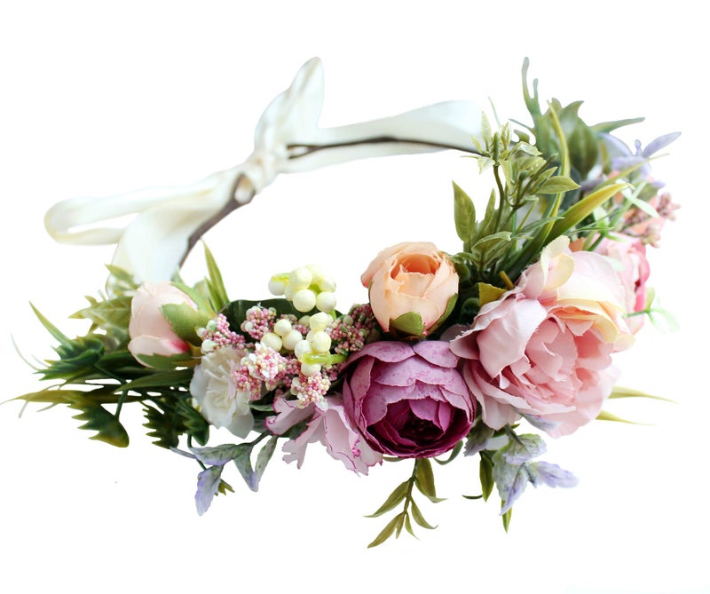 LLinfflr Women Floral Crown Boho Flower Headband Hair Wreath Floral Halo Headpiece with Ribbon Wedding Party Festival Photos