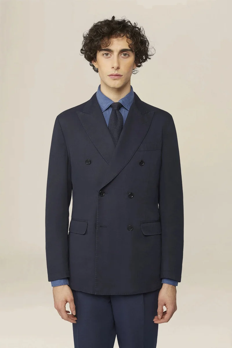 دوبل غانغر Unlined double-breasted men's jacket in regular fit twill fabric - DK Blue