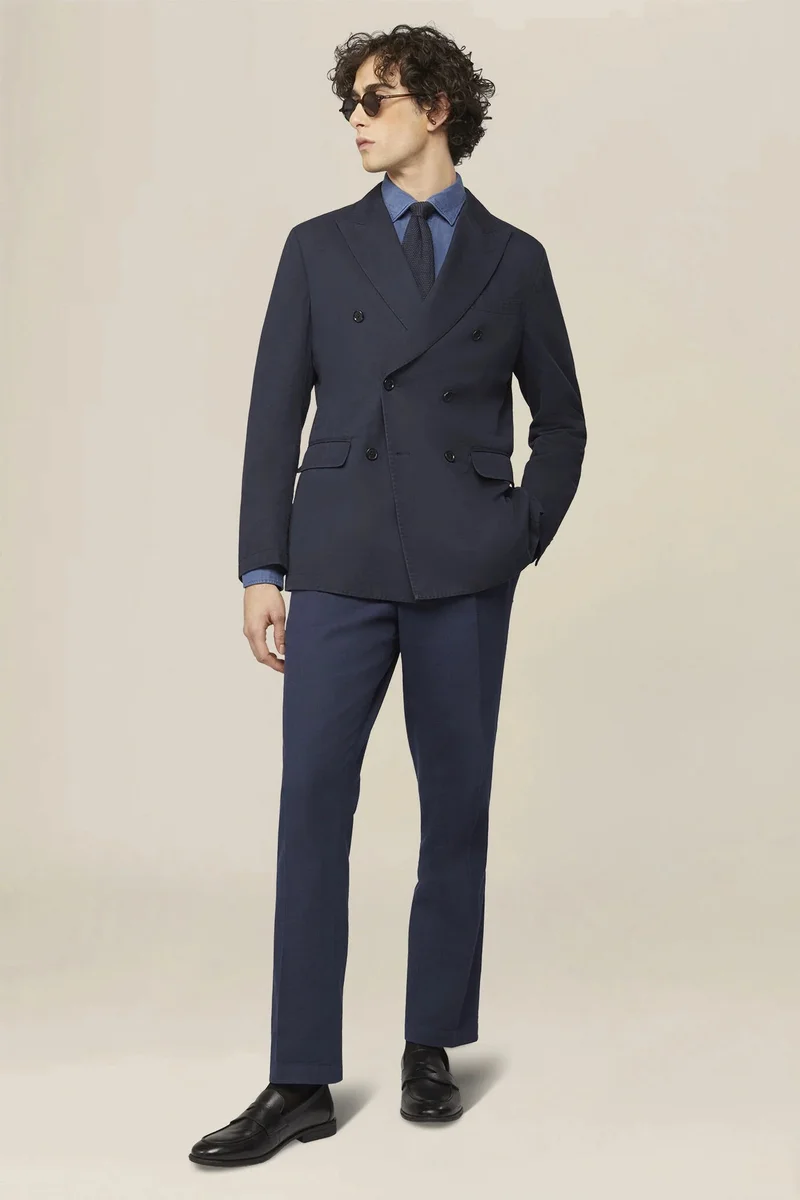 دوبل غانغر Unlined double-breasted men's jacket in regular fit twill fabric - DK Blue