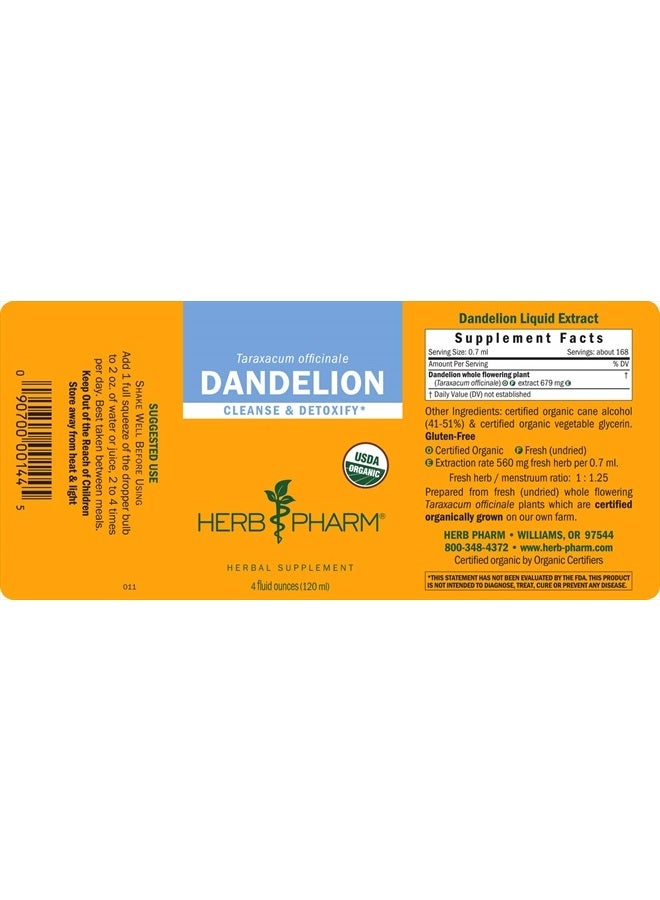 HERB PHARM Certified Organic Dandelion Liquid Extract for Cleansing and Detoxification, Organic Cane Alcohol, 4 Ounce - Image 2