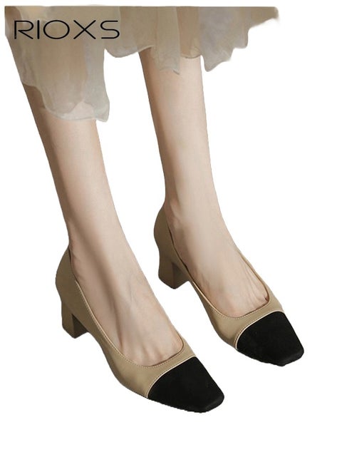 حذاء نسائي مربع مغلق من الأمام، حذاء أنيق بكعب سميك 5 سم، حذاء عمل مريح من الجلد بكعب منخفض، حذاء خفيف الوزن ومقاوم للانزلاق للعمل، الأعمال، المقابلات، الحفلات، حفلات الزفاف، المواعيد الغرامية والمزيد.