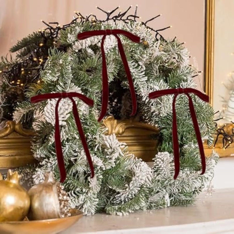 عربست 24 Pcs Red Vintage Velvet  Bow Ornaments - Luxury Velvet Ribbon Bows for  Tree Decor,  Home Decoration (Burgundy) - Image 5