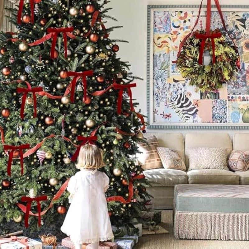 عربست 24 Pcs Red Vintage Velvet  Bow Ornaments - Luxury Velvet Ribbon Bows for  Tree Decor,  Home Decoration (Burgundy) - Image 2