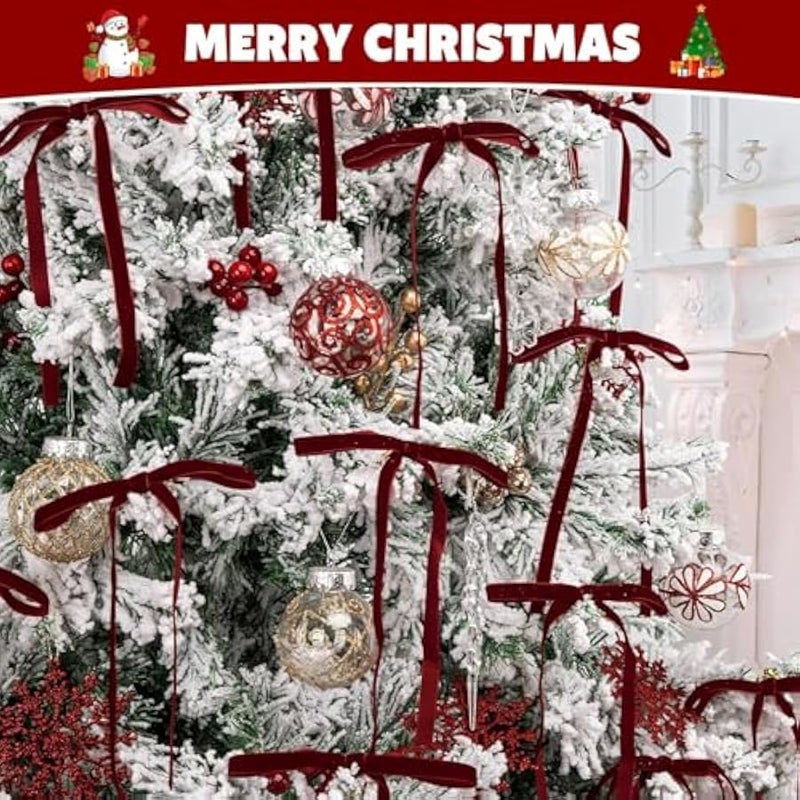 عربست 24 Pcs Red Vintage Velvet  Bow Ornaments - Luxury Velvet Ribbon Bows for  Tree Decor,  Home Decoration (Burgundy) - Image 4