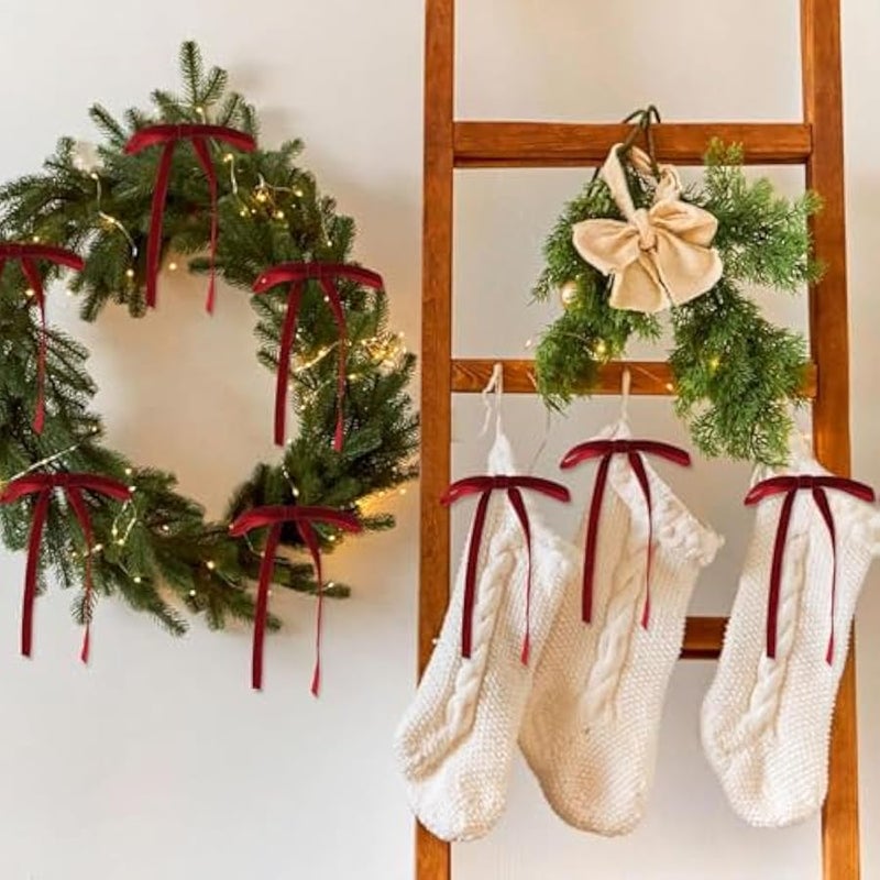 عربست 24 Pcs Red Vintage Velvet  Bow Ornaments - Luxury Velvet Ribbon Bows for  Tree Decor,  Home Decoration (Burgundy) - Image 3