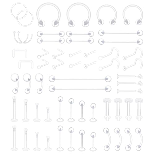 Kysppreu 60Pcs Clear Piercing Retainers for Surgery Bioflex Plastic Piercing Jewelry for Nose Belly Nipple Tongue Septum Eyebrow Lip Cartilage Tragus Helix Daith Rook Earring Retainer Industrial Bar Rings for Work - Image 1