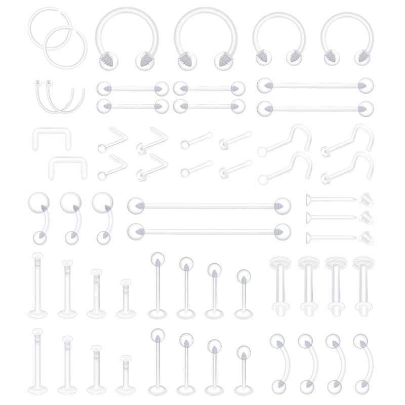 Kysppreu 60Pcs Clear Piercing Retainers for Surgery Bioflex Plastic Piercing Jewelry for Nose Belly Nipple Tongue Septum Eyebrow Lip Cartilage Tragus Helix Daith Rook Earring Retainer Industrial Bar Rings for Work - Image 2