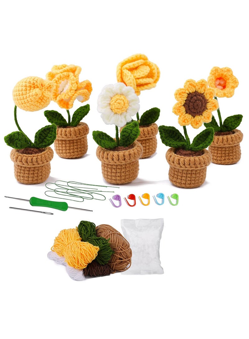 طقم كروشيه سهل للمبتدئين، مجموعة زهور في أصص مكونة من 6 قطع مع مواد دورة شاملة ودروس فيديو خطوة بخطوة لجميع مستويات المهارة - Image 1
