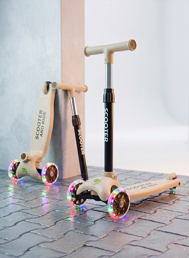 BAYBEE Kick Scooter for Kids | 3 Wheel Kids Scooter with 3 Height Adjustable, LED PU Wheels & Rear Brake | Skate Scooter for Childrens Upto 50Kgs Weight Capacity | Runner Scooters for Kid 3 to 10 Years Boy Girl Beige - Image 1