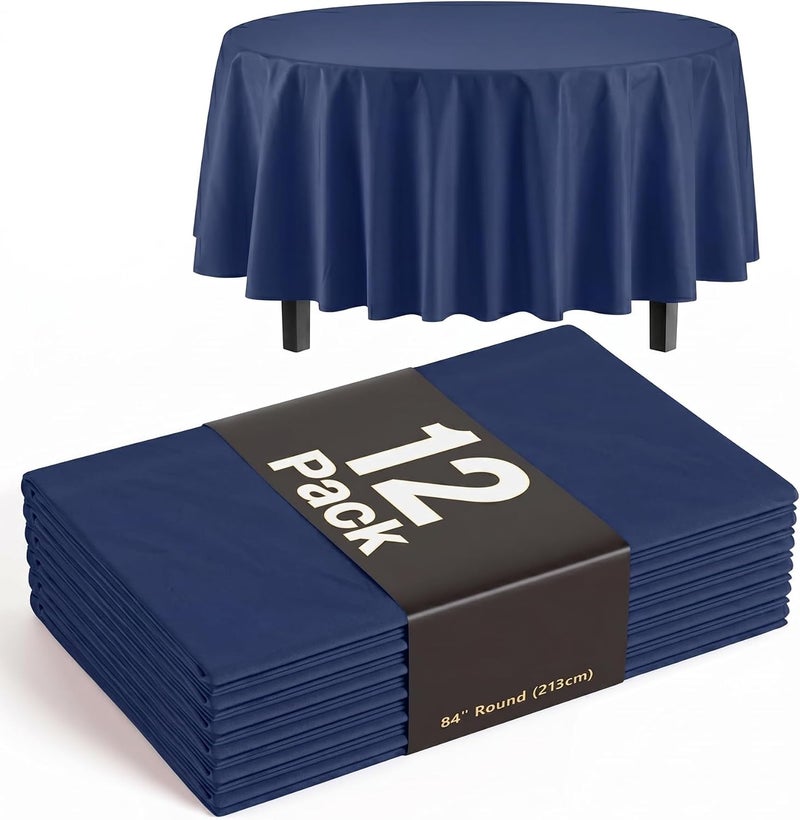 Exquisite 12-Pack Premium Plastic Tablecloth 84in. Round Table Cover - Navy Blue - Image 1