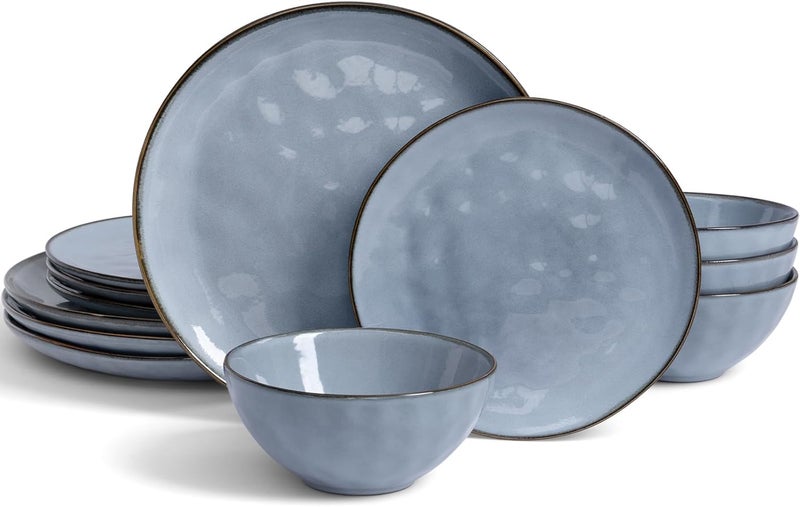 Famiware Dinnerware Sets for 4 Ocean Round 12Piece Kitchen Plates and Bowls Sets Reactive Glaze Microwave and Dishwasher Safe Scratch Resistant Blue - Image 1