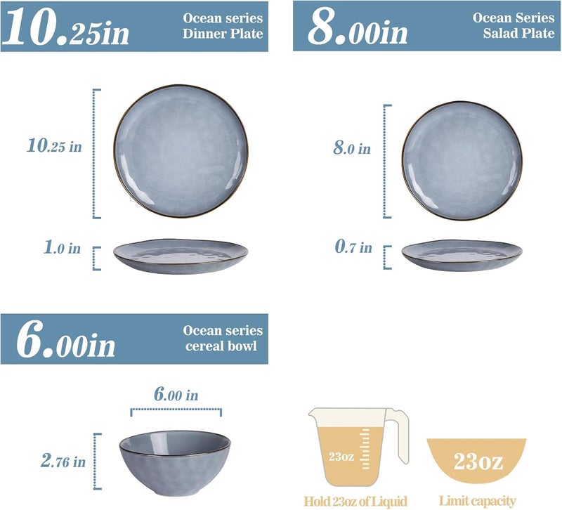 Famiware Dinnerware Sets for 4 Ocean Round 12Piece Kitchen Plates and Bowls Sets Reactive Glaze Microwave and Dishwasher Safe Scratch Resistant Blue - Image 2