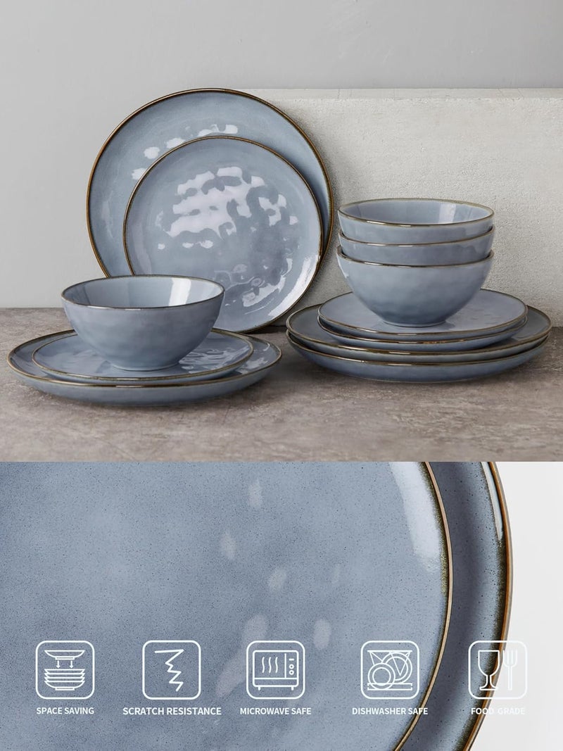 Famiware Dinnerware Sets for 4 Ocean Round 12Piece Kitchen Plates and Bowls Sets Reactive Glaze Microwave and Dishwasher Safe Scratch Resistant Blue - Image 3