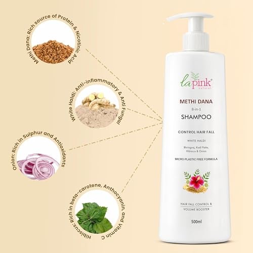 La Pink Methi Dana 8-in-1 Shampoo with Hibiscus & Onion | For Hair Fall Control | 100% Microplastic Free Formula | All Hair Types | 500ml - Image 3
