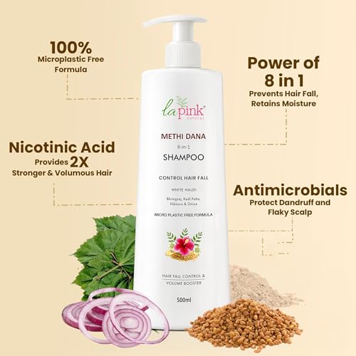 La Pink Methi Dana 8-in-1 Shampoo with Hibiscus & Onion | For Hair Fall Control | 100% Microplastic Free Formula | All Hair Types | 500ml - Image 2