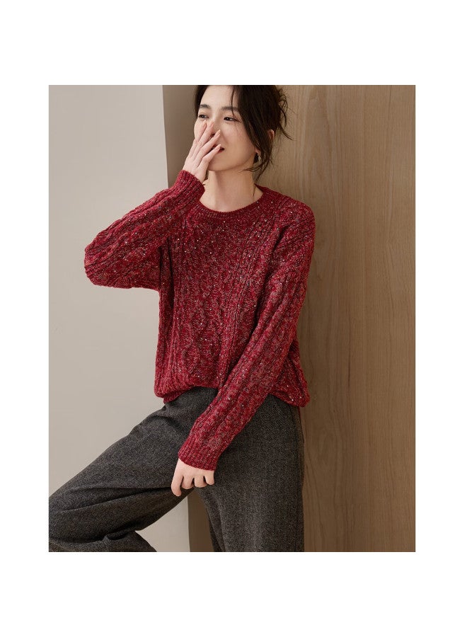 dme Demana [with Soft Wool] Winter Heavy-duty Cable Knit Sequin Sweater Loose Fit Pee Women's Knitwear - Image 3