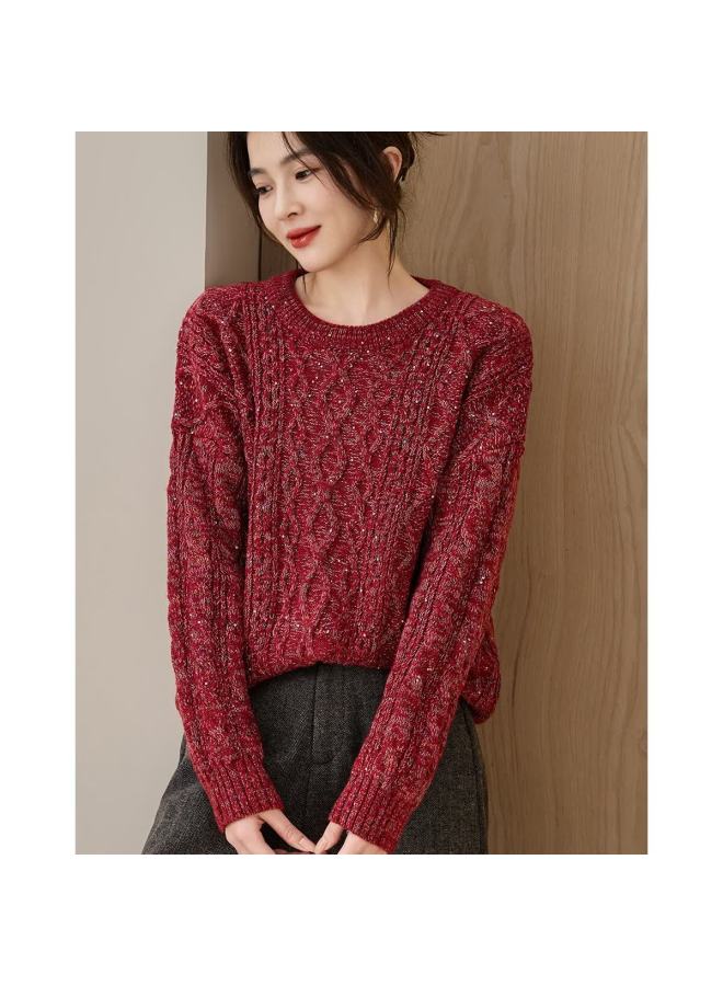 dme Demana [with Soft Wool] Winter Heavy-duty Cable Knit Sequin Sweater Loose Fit Pee Women's Knitwear - Image 4
