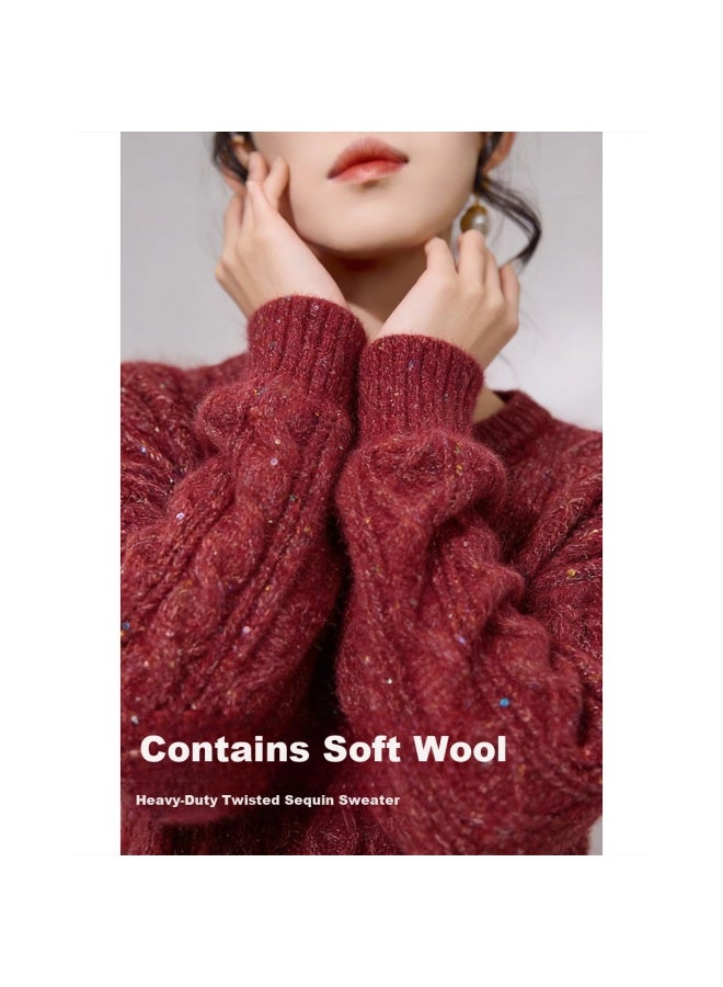dme Demana [with Soft Wool] Winter Heavy-duty Cable Knit Sequin Sweater Loose Fit Pee Women's Knitwear - Image 1