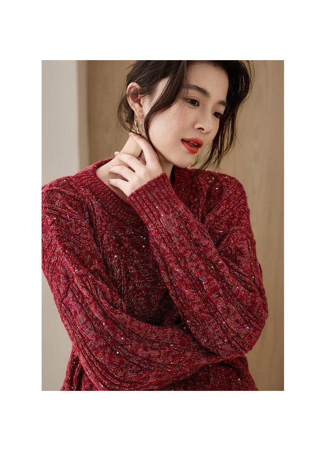 dme Demana [with Soft Wool] Winter Heavy-duty Cable Knit Sequin Sweater Loose Fit Pee Women's Knitwear - Image 2