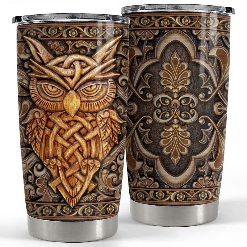 SANDJEST Owl Tumbler 20oz Owls Wood Drawing Stainless Steel Insulated Tumblers Coffee Travel Mug Cup Gifts for Women Men Owl Gift for Birthday Christmas
