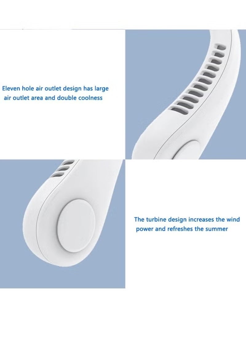 Portable USB Mini Fan – Rechargeable Battery Operated Hanging Neck Fan with Adjustable Speeds for Hands-Free Personal Use – Multipurpose White Design