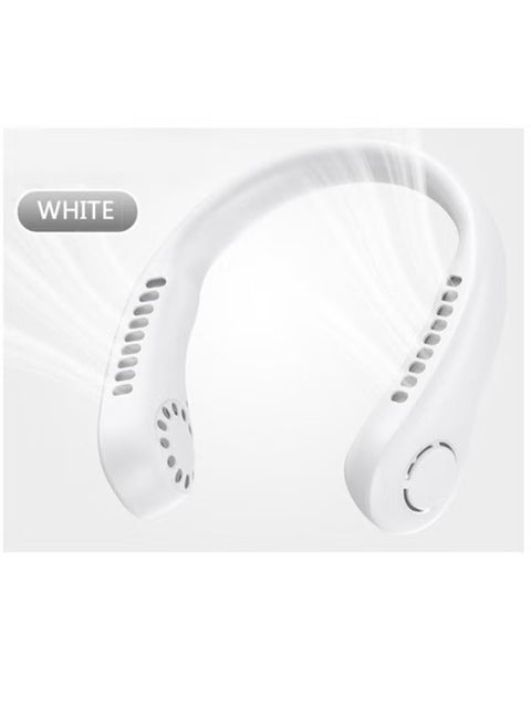 Portable USB Mini Fan – Rechargeable Battery Operated Hanging Neck Fan with Adjustable Speeds for Hands-Free Personal Use – Multipurpose White Design