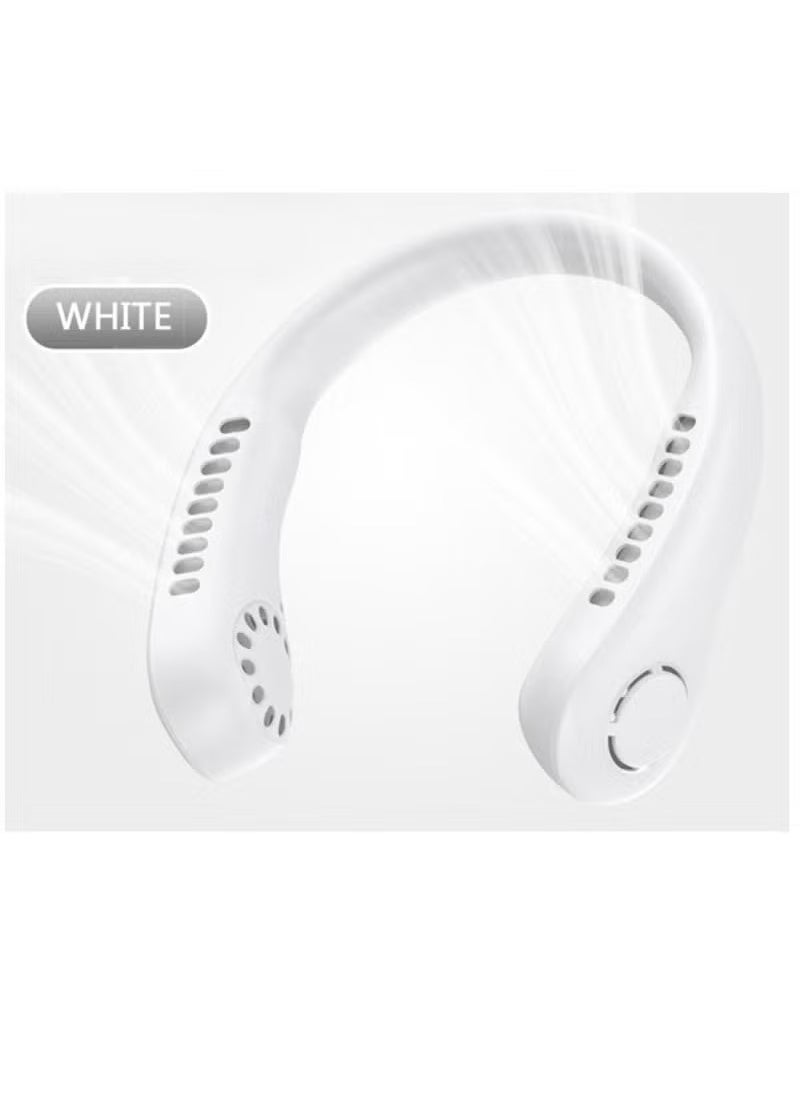 Portable USB Mini Fan – Rechargeable Battery Operated Hanging Neck Fan with Adjustable Speeds for Hands-Free Personal Use – Multipurpose White Design