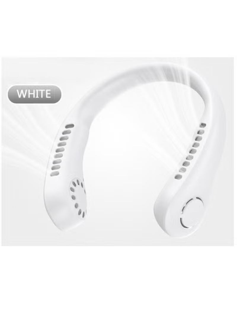 Portable USB Mini Fan – Rechargeable Battery Operated Hanging Neck Fan with Adjustable Speeds for Hands-Free Personal Use – Multipurpose White Design