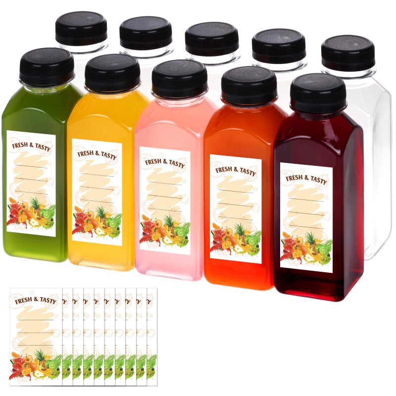 BAKHUK 10pcs 12oz Empty Plastic Juice Bottles with Caps, Plastic Water Bottles with lids, Reusable Clear Bulk Beverage Containers for Juice, Milk and Other Beverages - Image 1