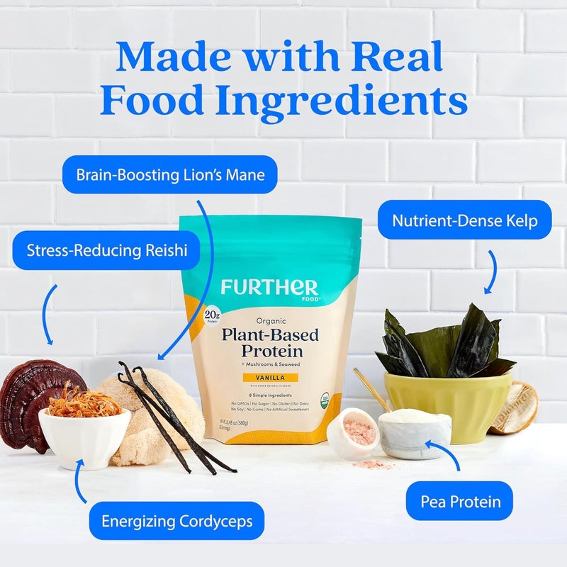 Further Food مسحوق بروتين نباتي عضوي من فاذر فود بنكهة الفانيليا 20 جرام من بروتين نباتي مسحوق بروتين عضوي مع فطر الأعشاب البحرية نباتي خالي من الكائنات المعدلة وراثيًا خالي من الغلوتين خالي من الألبان 1905 أونصة - Image 3