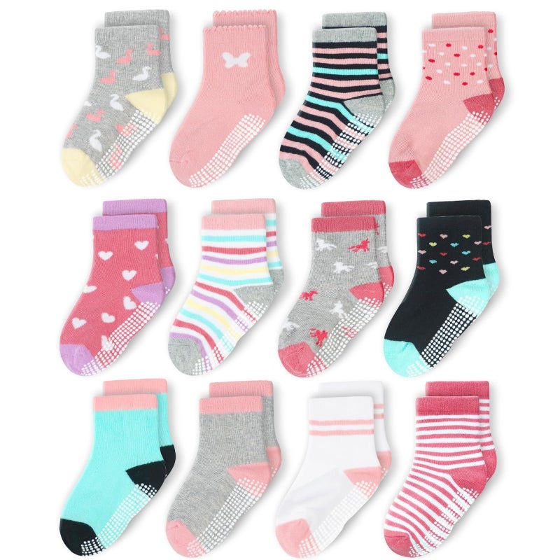 CozyWay Toddler Socks with Grippers - Grippy Cotton Ankle Socks for Toddlers Girls & Boys - 3T-5T, Pink/Gray Multicolor, 12 Pack - Image 5