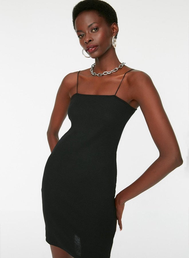 Black Bodycone/Fits on the Body Square Neck Mini Stretch Knitted Pencil Dress