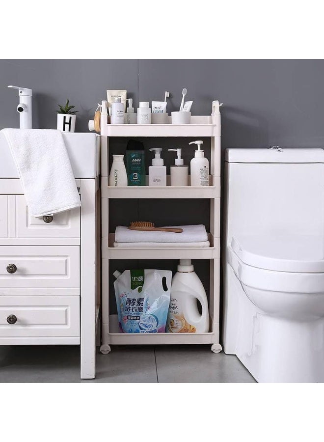 Turbo 4-Tier Plastic Storage Organizer Shelves for Kitchen and Bathroom, Multi-Purpose Tower Shelf Rack, White and Beige, Space-Saving Trolley with Wheels – Durable Lightweight Cabinet Organizer - Image 1
