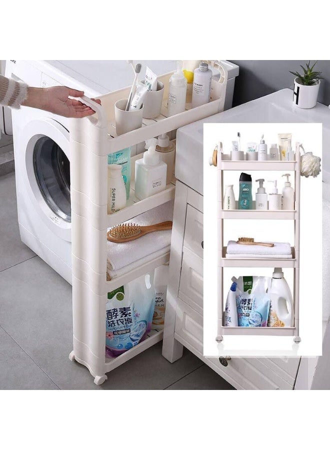 Turbo 4-Tier Plastic Storage Organizer Shelves for Kitchen and Bathroom, Multi-Purpose Tower Shelf Rack, White and Beige, Space-Saving Trolley with Wheels – Durable Lightweight Cabinet Organizer - Image 3