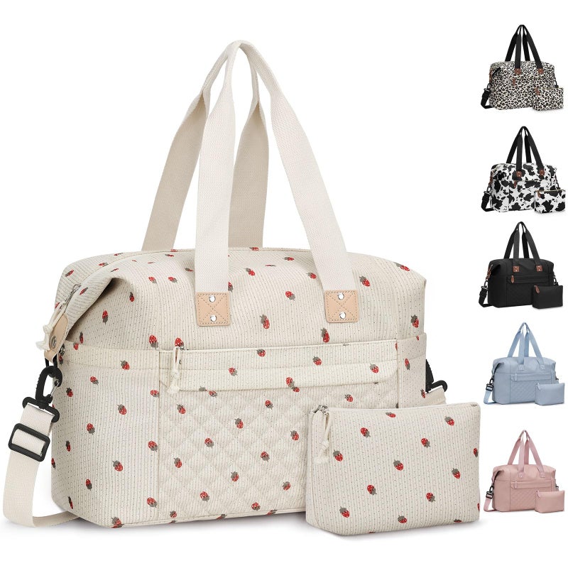 Pritent Travel Duffle Bag, Waterproof Weekender Overnight Hospital Bags for Women Men with Toiletry Bag Lightweight Personal Item Duffle Gym Bag for Travel, Airplanes, Sports(Corduroy Strawberry,M) - Image 1