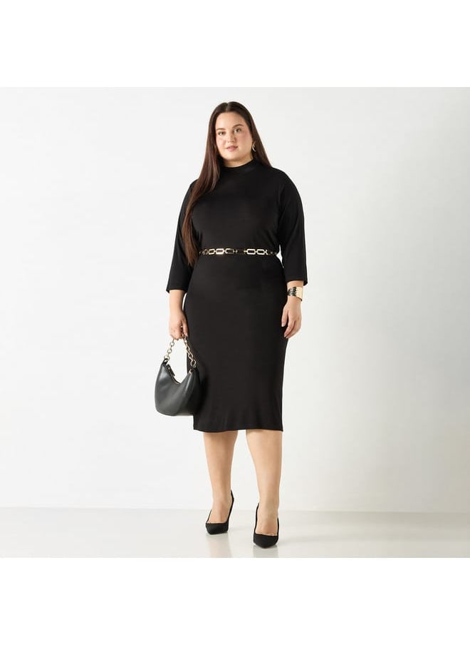Ulla Popken Plus Size Ulla Popken Solid Dress with High Neck and 3/4 Sleeves  - Image 2