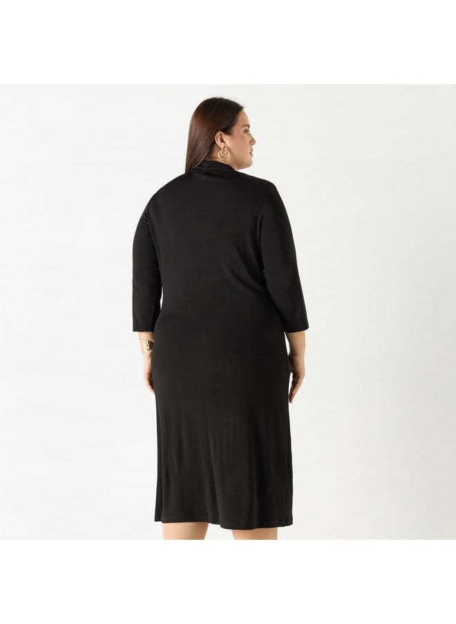 Ulla Popken Plus Size Ulla Popken Solid Dress with High Neck and 3/4 Sleeves  - Image 3