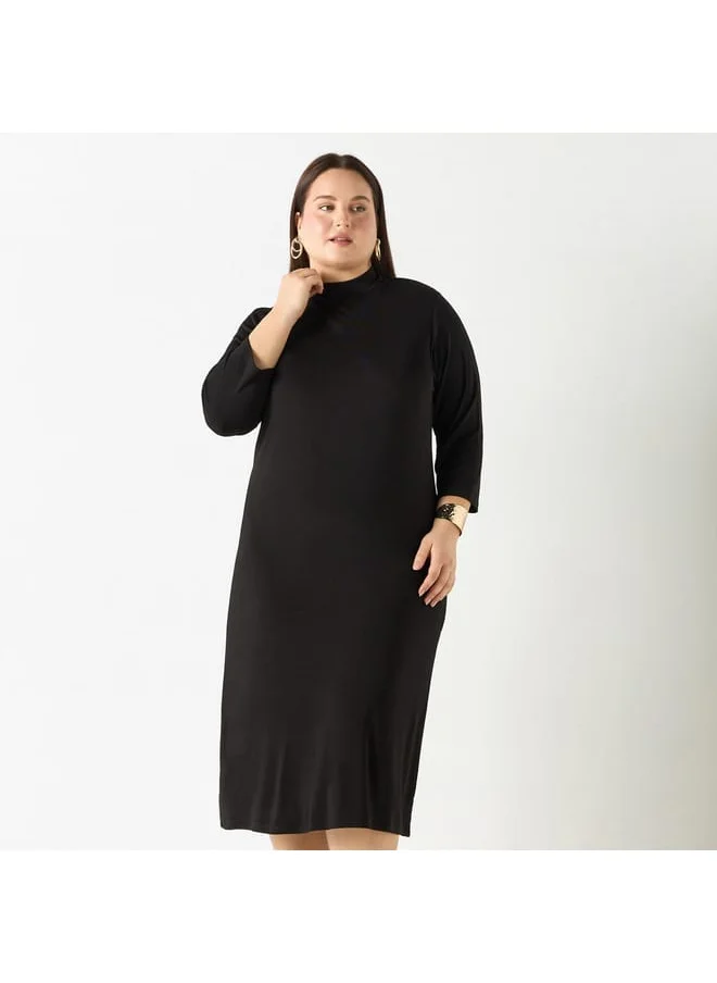 Ulla Popken Plus Size Ulla Popken Solid Dress with High Neck and 3/4 Sleeves