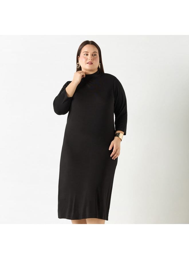 Ulla Popken Plus Size Ulla Popken Solid Dress with High Neck and 3/4 Sleeves  - Image 1