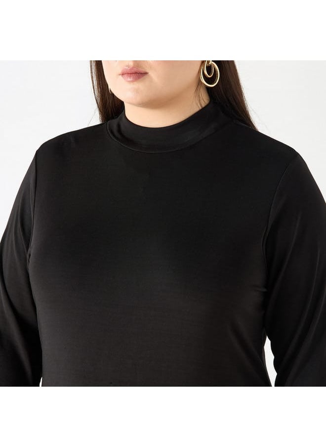 Ulla Popken Plus Size Ulla Popken Solid Dress with High Neck and 3/4 Sleeves  - Image 4
